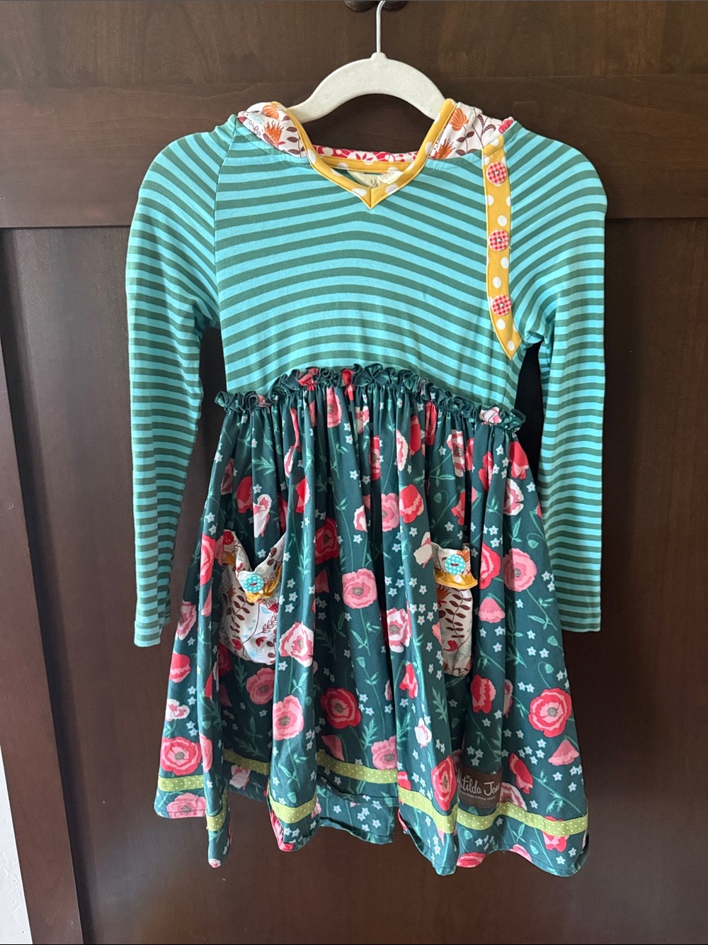 Striped Green & Teal Floral Hooded Girls Dress